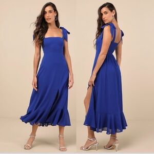 Lulus Summer Invite Tie-Strap Tiered Midi Dress, Royal Blue, Size M, NWT